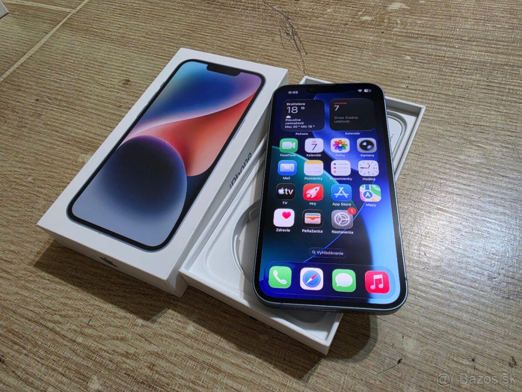 Iphone 14 Blue s novou bateriou telefon v krabici s kablom b